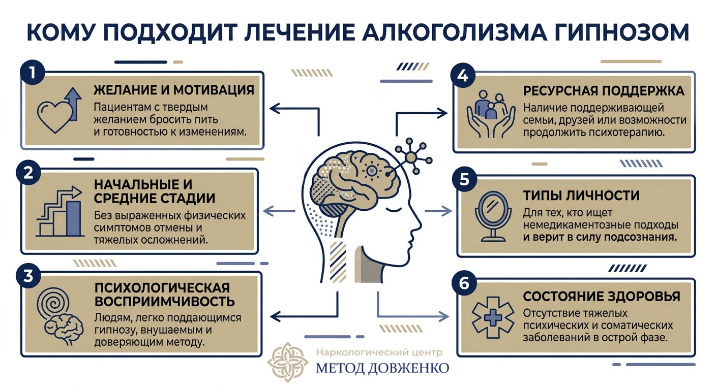 Инфографика с шестью критериями отбора пациентов — кому подходит лечение алкоголизма гипнозом по методу Довженко
